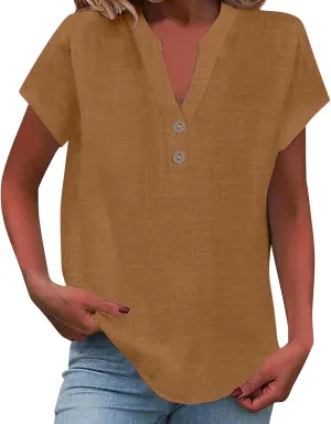 Summer Tops for Women,2025 Trendy Short Sleeve Cotton Linen Shirt Casual Button v Neck Tunic Blouses Outfits,