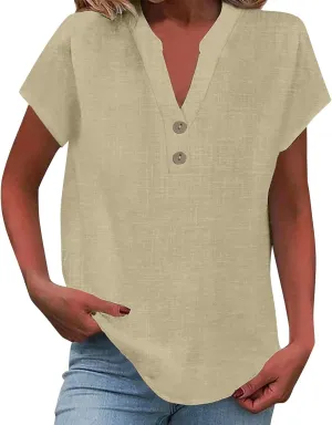 Summer Tops for Women,2025 Trendy Short Sleeve Cotton Linen Shirt Casual Button v Neck Tunic Blouses Outfits,