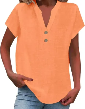 Summer Tops for Women,2025 Trendy Short Sleeve Cotton Linen Shirt Casual Button v Neck Tunic Blouses Outfits,