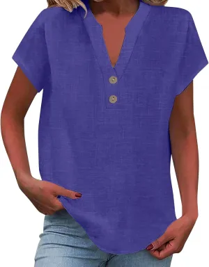 Summer Tops for Women,2025 Trendy Short Sleeve Cotton Linen Shirt Casual Button v Neck Tunic Blouses Outfits,