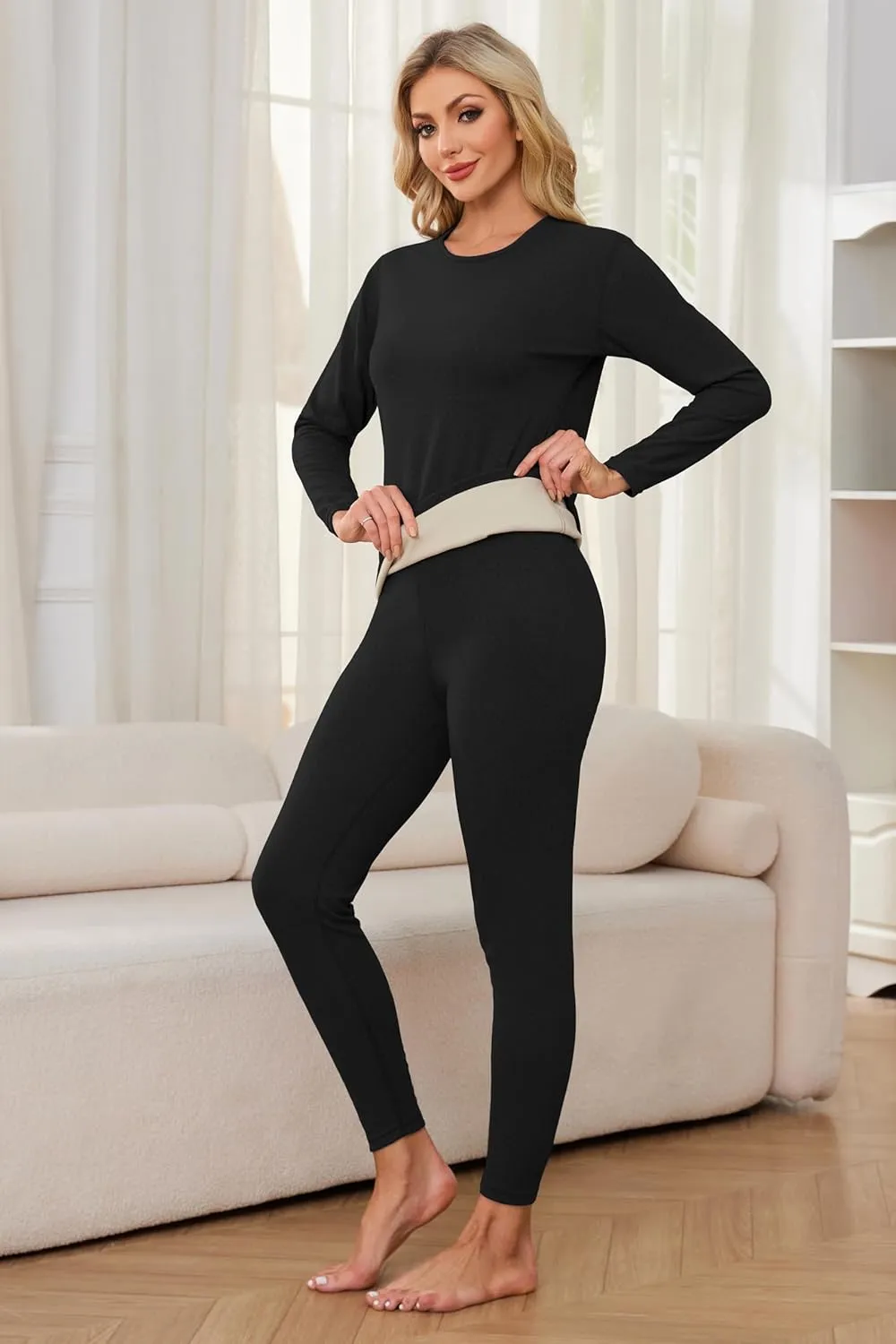 TELALEO 2 Sets Women's Thermal Underwear Long Johns Double-Sided Fleece Lined Base Layer Top & Bottom Pajama for Cold Weather