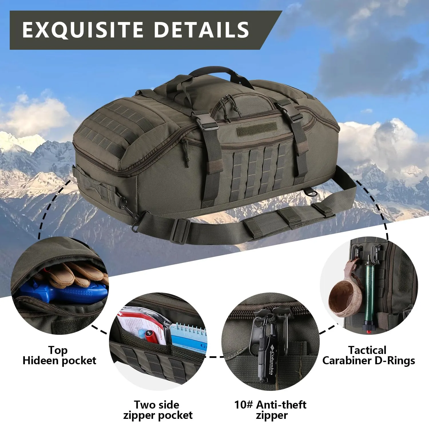 Travel Gym Duffle Bag Tactical, Gear Backpack for Men Women, Large Duffle Hand Bag for Travel, 3 in 1 Shoulder Backpack for Sports Hiking Camping, Water Resistant & Easy Clean (Army Green, 65L)