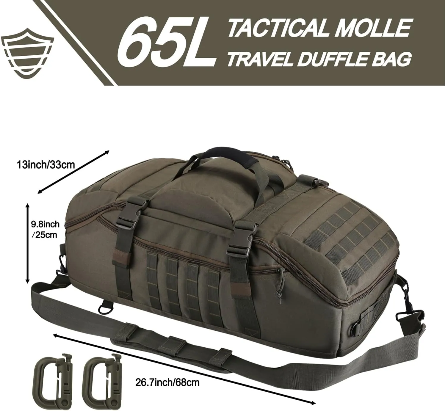 Travel Gym Duffle Bag Tactical, Gear Backpack for Men Women, Large Duffle Hand Bag for Travel, 3 in 1 Shoulder Backpack for Sports Hiking Camping, Water Resistant & Easy Clean (Army Green, 65L)