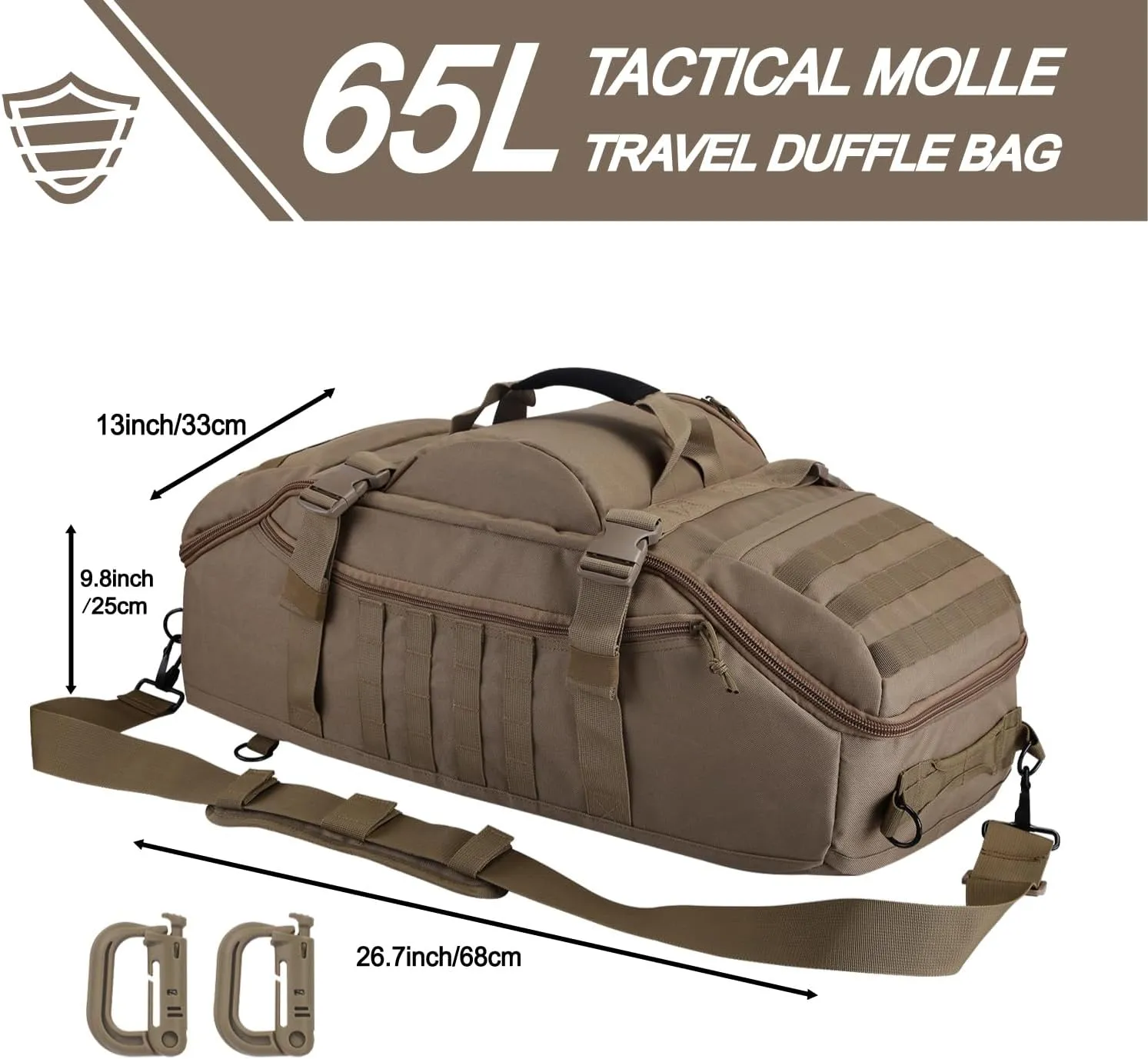 Travel Gym Duffle Bag Tactical, Gear Backpack for Men Women, Large Duffle Hand Bag for Travel, 3 in 1 Shoulder Backpack for Sports Hiking Camping, Water Resistant & Easy Clean (Khaki, 65L)