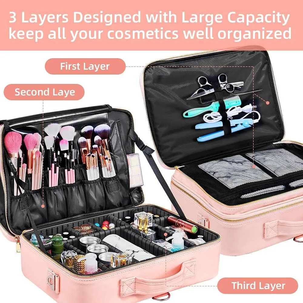 Travel Makeup Bag, Large Capacity PU Leather Portable Multi-Compartment Cosmetic Case for Women, Durable Waterproof Portable Organizer with Easy Clean Design (L-Pink)
