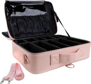 Travel Makeup Bag, Large Capacity PU Leather Portable Multi-Compartment Cosmetic Case for Women, Durable Waterproof Portable Organizer with Easy Clean Design (L-Pink)