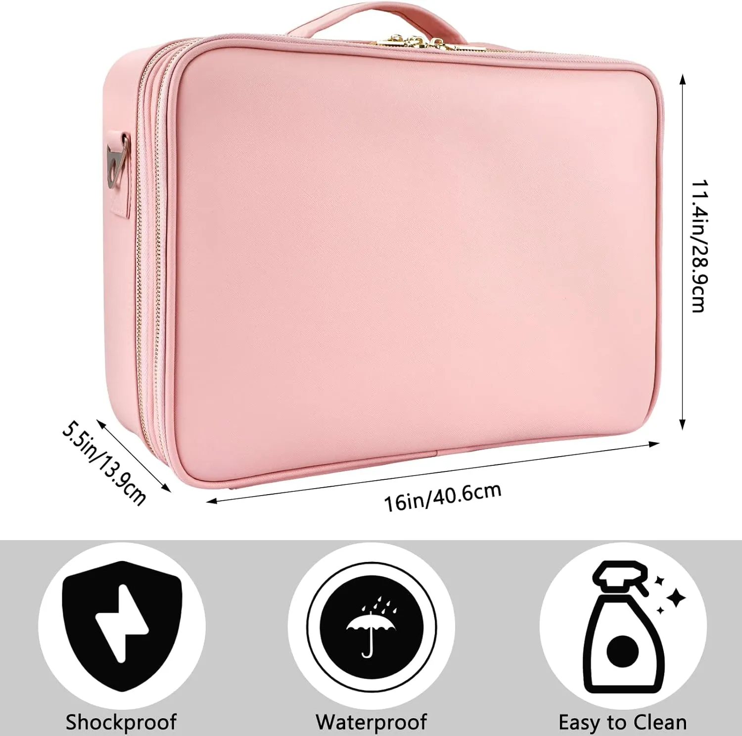 Travel Makeup Bag, Large Capacity PU Leather Portable Multi-Compartment Cosmetic Case for Women, Durable Waterproof Portable Organizer with Easy Clean Design (L-Pink)
