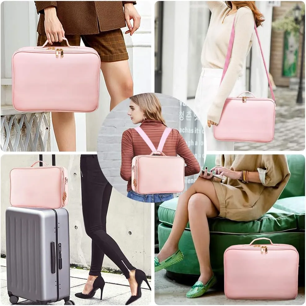 Travel Makeup Bag, Large Capacity PU Leather Portable Multi-Compartment Cosmetic Case for Women, Durable Waterproof Portable Organizer with Easy Clean Design (L-Pink)