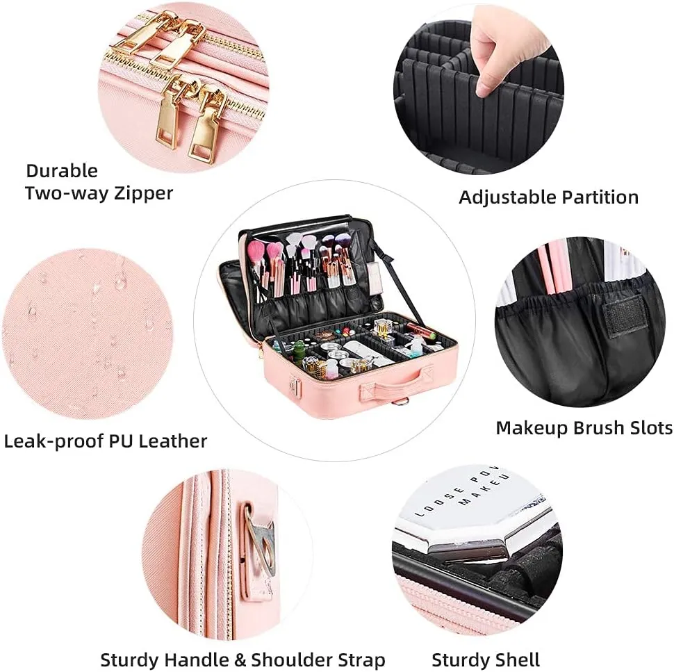 Travel Makeup Bag, Large Capacity PU Leather Portable Multi-Compartment Cosmetic Case for Women, Durable Waterproof Portable Organizer with Easy Clean Design (L-Pink)