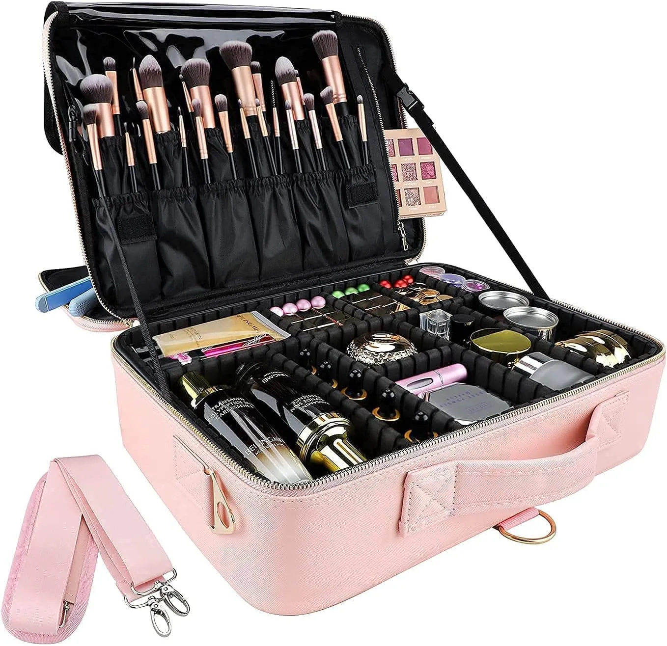Travel Makeup Bag, Large Capacity PU Leather Portable Multi-Compartment Cosmetic Case for Women, Durable Waterproof Portable Organizer with Easy Clean Design (L-Pink)