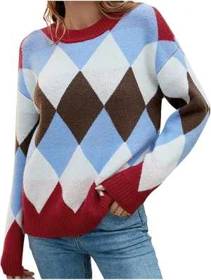 tuduoms Argyle Sweater Women's Fashion Color Block Cable Knit Crew Neck Sweaters Teen Girl Casual Oversized Knit Sweater Tops