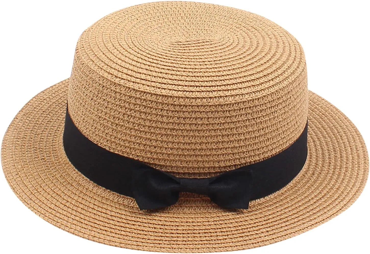 Unisex Kids Little Girls Sun Straw Hat Bowler Round Top Wide Brim with Black Bowknot Decor Summer Beach Foldable Visor