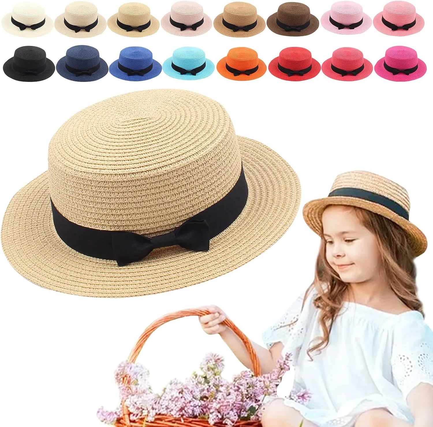 Unisex Kids Little Girls Sun Straw Hat Bowler Round Top Wide Brim with Black Bowknot Decor Summer Beach Foldable Visor