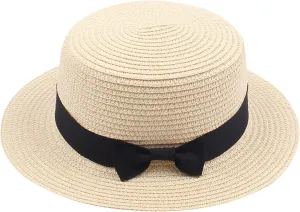 Unisex Kids Little Girls Sun Straw Hat Bowler Round Top Wide Brim with Black Bowknot Decor Summer Beach Foldable Visor