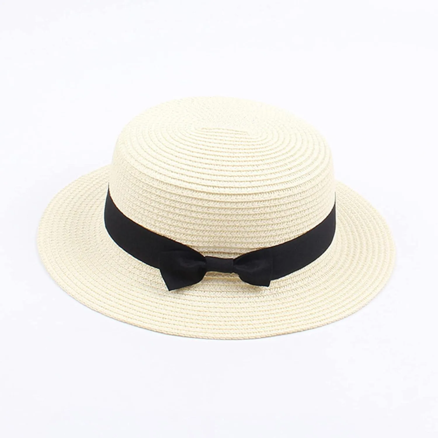 Unisex Kids Little Girls Sun Straw Hat Bowler Round Top Wide Brim with Black Bowknot Decor Summer Beach Foldable Visor