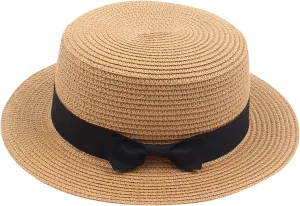 Unisex Kids Little Girls Sun Straw Hat Bowler Round Top Wide Brim with Black Bowknot Decor Summer Beach Foldable Visor