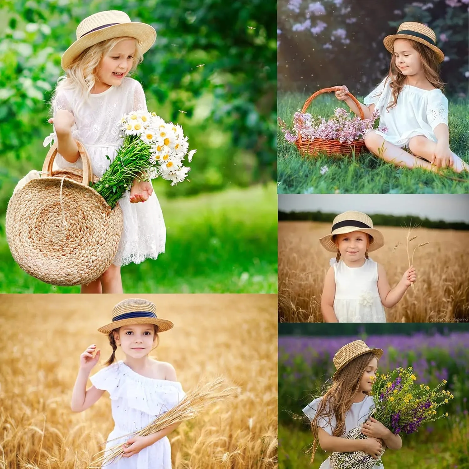 Unisex Kids Little Girls Sun Straw Hat Bowler Round Top Wide Brim with Black Bowknot Decor Summer Beach Foldable Visor