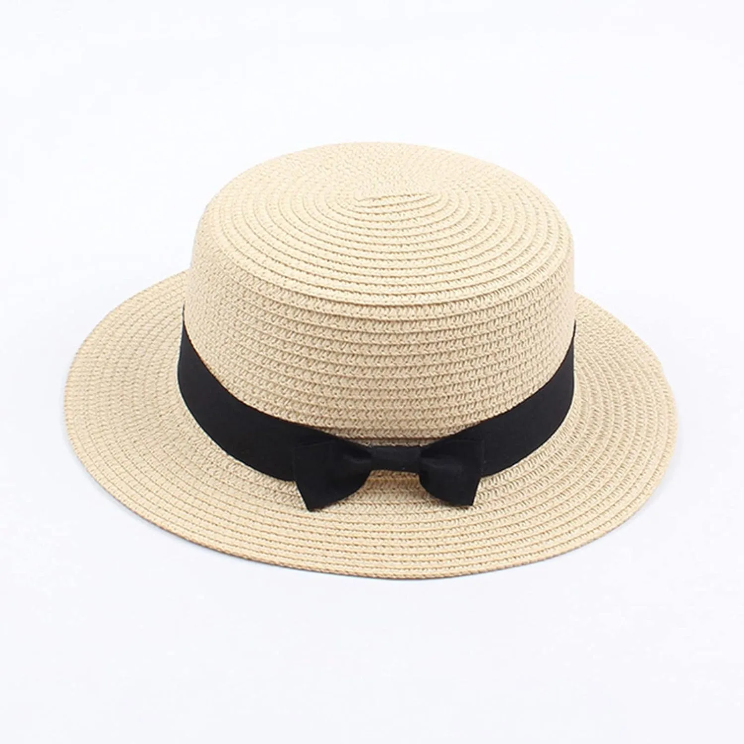 Unisex Kids Little Girls Sun Straw Hat Bowler Round Top Wide Brim with Black Bowknot Decor Summer Beach Foldable Visor