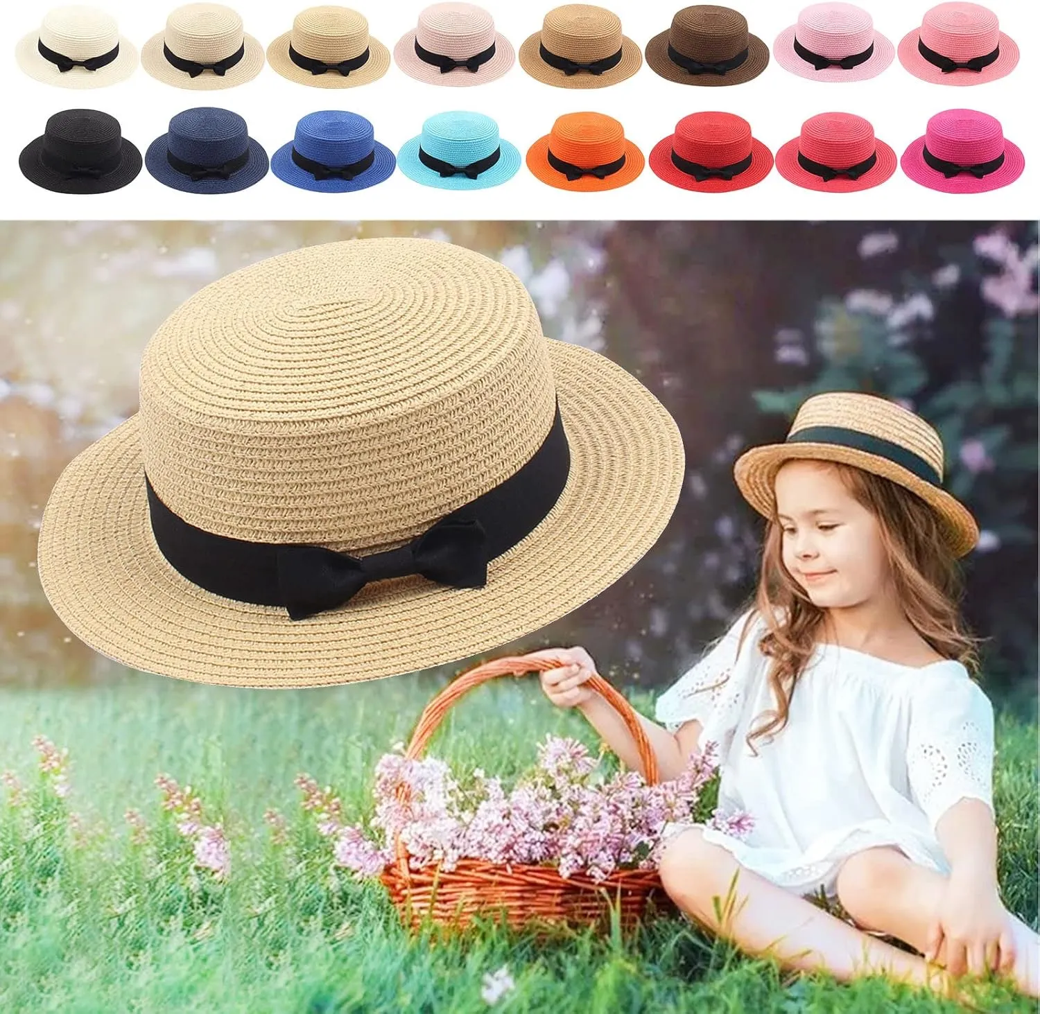 Unisex Kids Little Girls Sun Straw Hat Bowler Round Top Wide Brim with Black Bowknot Decor Summer Beach Foldable Visor