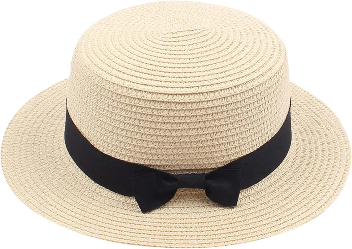 Unisex Kids Little Girls Sun Straw Hat Bowler Round Top Wide Brim with Black Bowknot Decor Summer Beach Foldable Visor