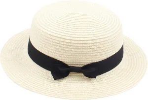 Unisex Kids Little Girls Sun Straw Hat Bowler Round Top Wide Brim with Black Bowknot Decor Summer Beach Foldable Visor