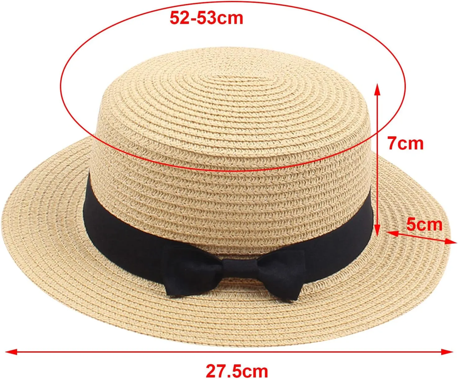 Unisex Kids Little Girls Sun Straw Hat Bowler Round Top Wide Brim with Black Bowknot Decor Summer Beach Foldable Visor