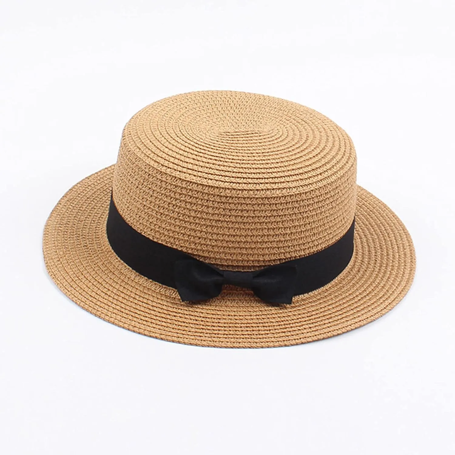 Unisex Kids Little Girls Sun Straw Hat Bowler Round Top Wide Brim with Black Bowknot Decor Summer Beach Foldable Visor
