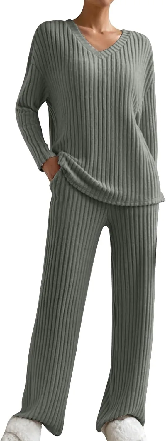 Winter 2 Piece Outfits for Women Lounge Sets Pajamas Sleepwear Fuzzy Ribbed Knit Long Sleeve Tops and Pants Tracksuit