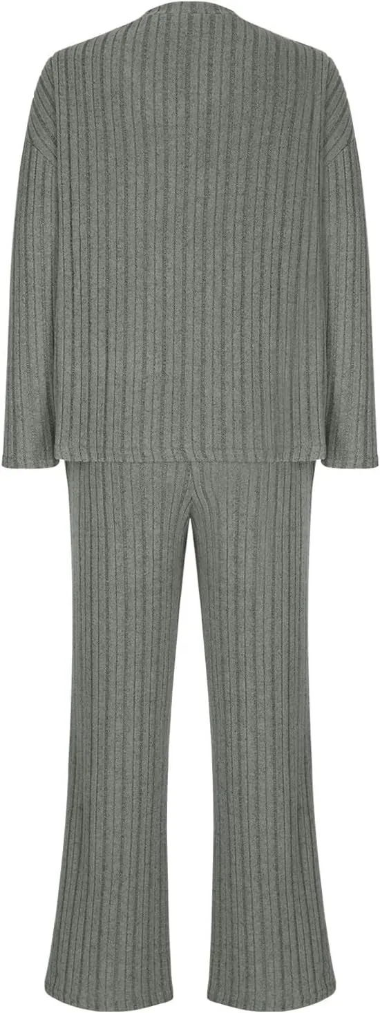 Winter 2 Piece Outfits for Women Lounge Sets Pajamas Sleepwear Fuzzy Ribbed Knit Long Sleeve Tops and Pants Tracksuit