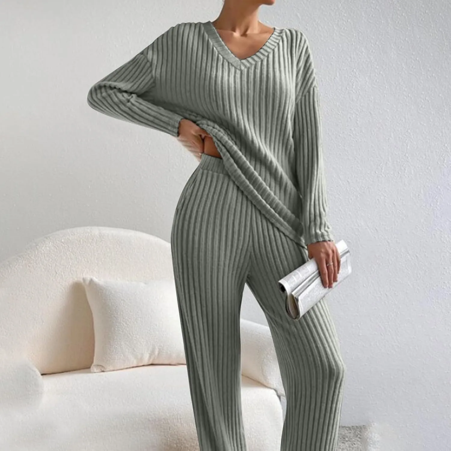Winter 2 Piece Outfits for Women Lounge Sets Pajamas Sleepwear Fuzzy Ribbed Knit Long Sleeve Tops and Pants Tracksuit