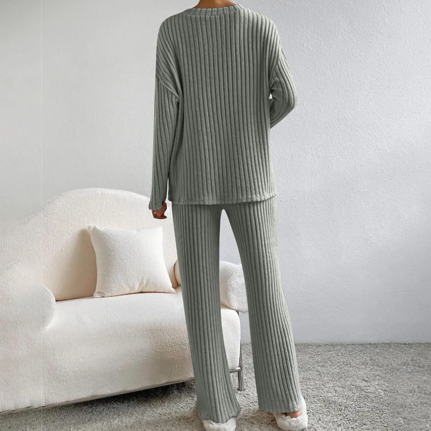 Winter 2 Piece Outfits for Women Lounge Sets Pajamas Sleepwear Fuzzy Ribbed Knit Long Sleeve Tops and Pants Tracksuit