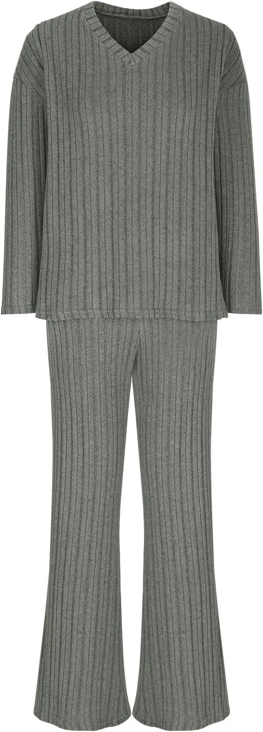 Winter 2 Piece Outfits for Women Lounge Sets Pajamas Sleepwear Fuzzy Ribbed Knit Long Sleeve Tops and Pants Tracksuit