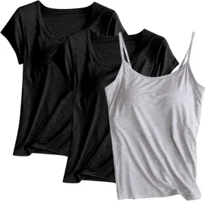 Women Active Quick Dry Stretch Shirt 3 Piece Ultra Soft Built in Bra Homewear Tops Solid Color Breathable Loungewear