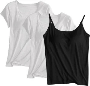 Women Active Quick Dry Stretch Shirt 3 Piece Ultra Soft Built in Bra Homewear Tops Solid Color Breathable Loungewear