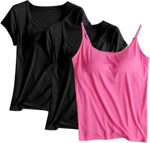 Women Active Quick Dry Stretch Shirt 3 Piece Ultra Soft Built in Bra Homewear Tops Solid Color Breathable Loungewear