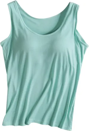 Women Plus Size Tank Tops with Built-in Bra Padded Sleeveless Crew Neck Soft Top Summer Athletic Yoga Camisole