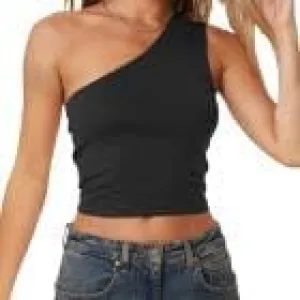 Women Summer Crop Tank Top Double Lined One Shoulder Athletic Tops Sleeveless Cute Going Out Cami Outfit