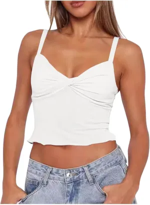 Women Summer Crop Tank Top V Neck Sleeveless Ruched Bowknot Cute Slimming Cami Tops Going Out Cruise Outfits