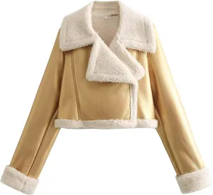 Women Winter Leather Jacket Thicken Fleece Lined Motorcycle Jacket Faux Fur Shearling Fluffy Coat Bomber Coats