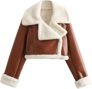 Women Winter Leather Jacket Thicken Fleece Lined Motorcycle Jacket Faux Fur Shearling Fluffy Coat Bomber Coats