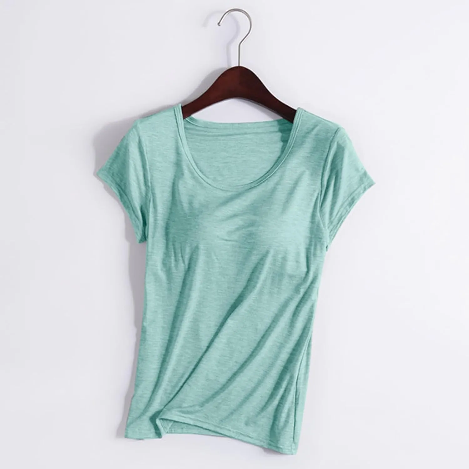 Womens Built-in Bra T-Shirt Padded Active Yoga Tops Short Sleeves Plain Blouses Soft Pajama Casual Workout Shirts