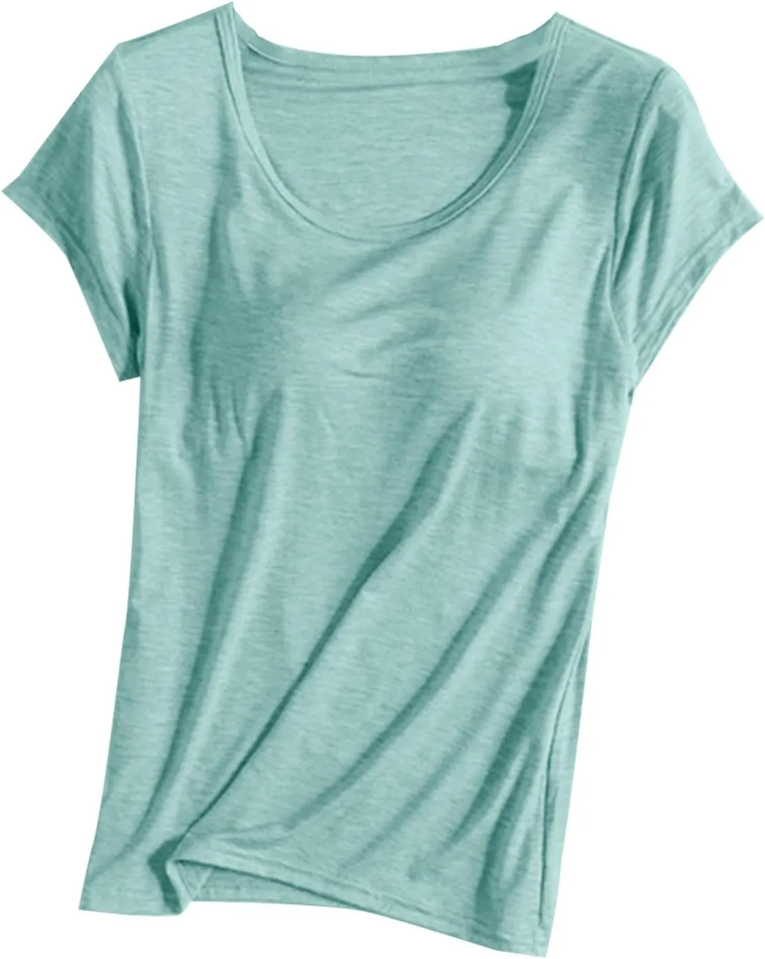 Womens Built-in Bra T-Shirt Padded Active Yoga Tops Short Sleeves Plain Blouses Soft Pajama Casual Workout Shirts