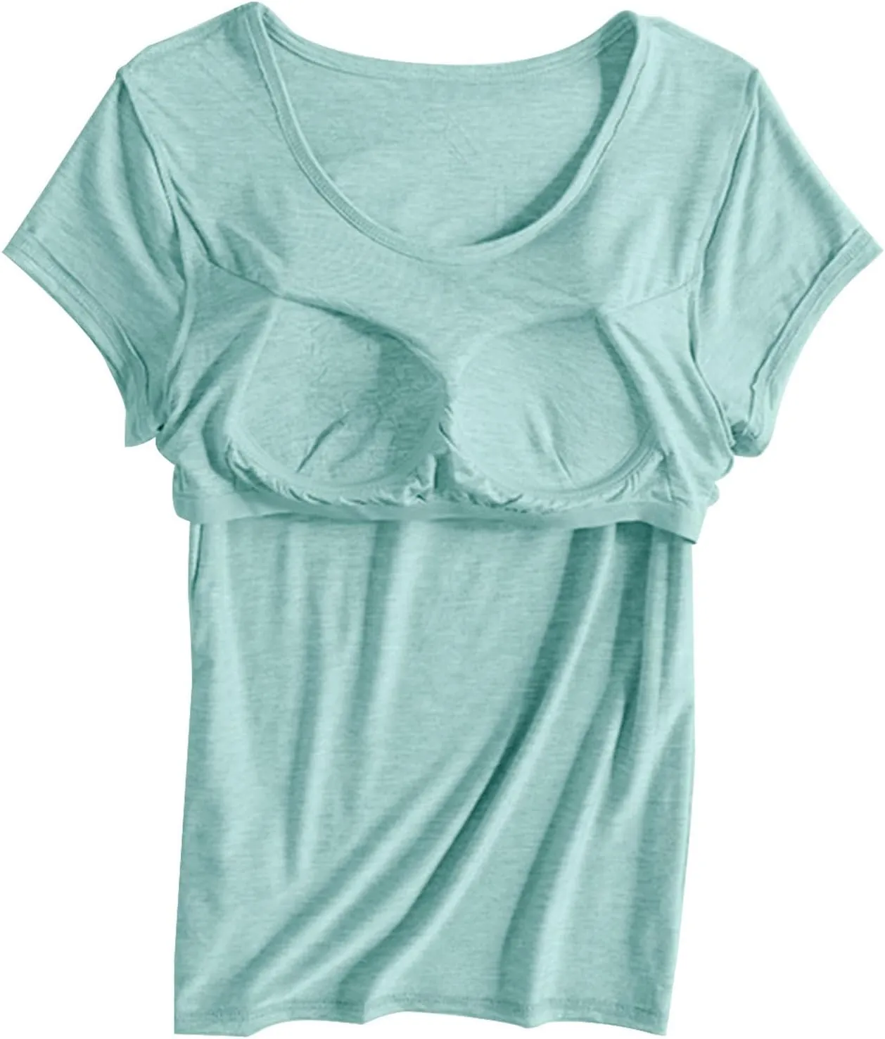 Womens Built-in Bra T-Shirt Padded Active Yoga Tops Short Sleeves Plain Blouses Soft Pajama Casual Workout Shirts