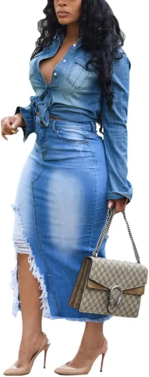 Women's Casual Slit Denim Midi Jean Skirt Button Up Stretch High Waist Frayed with Pockets