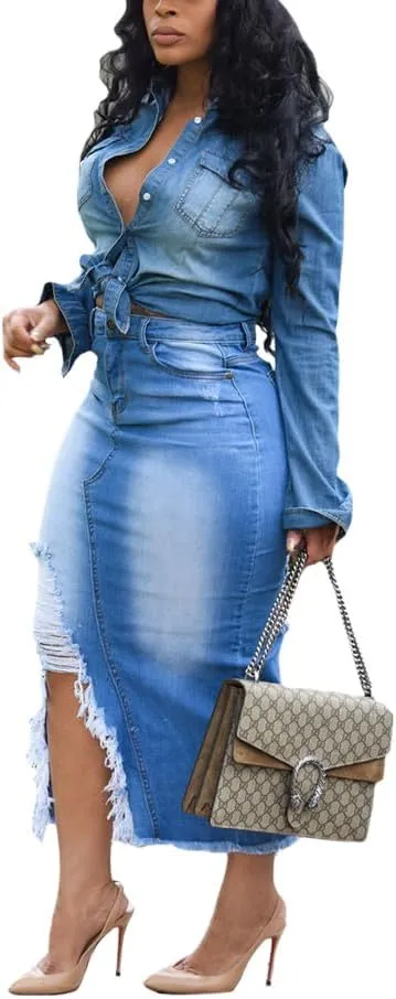 Women's Casual Slit Denim Midi Jean Skirt Button Up Stretch High Waist Frayed with Pockets