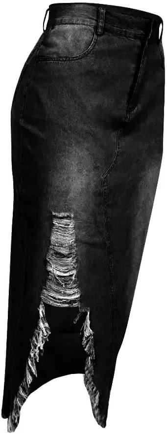Women's Casual Slit Denim Midi Jean Skirt Button Up Stretch High Waist Frayed with Pockets