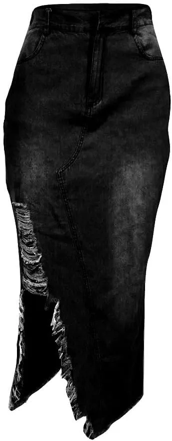Women's Casual Slit Denim Midi Jean Skirt Button Up Stretch High Waist Frayed with Pockets