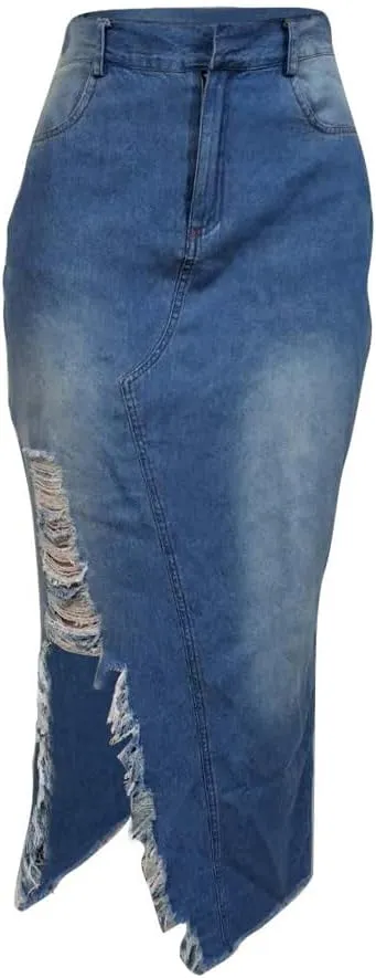 Women's Casual Slit Denim Midi Jean Skirt Button Up Stretch High Waist Frayed with Pockets