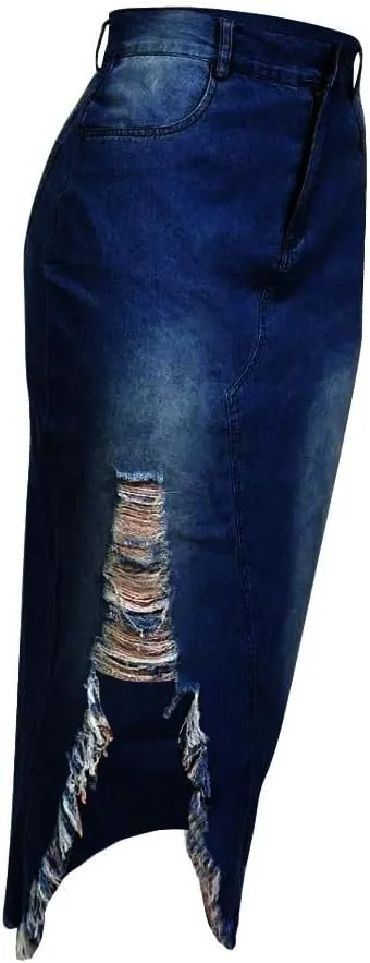 Women's Casual Slit Denim Midi Jean Skirt Button Up Stretch High Waist Frayed with Pockets