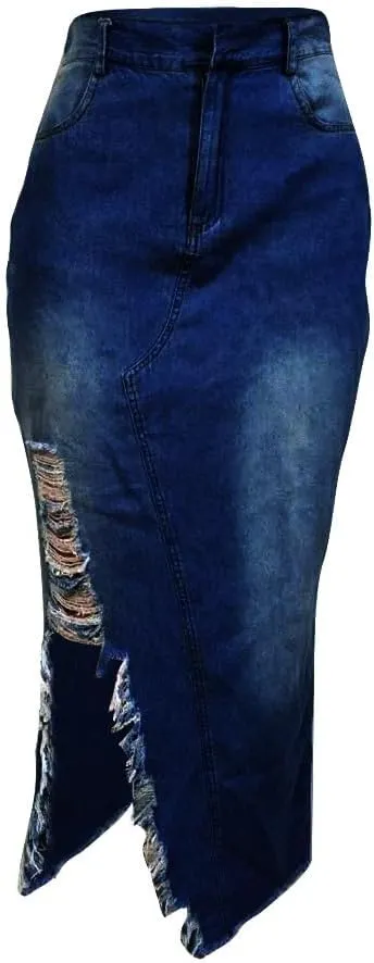 Women's Casual Slit Denim Midi Jean Skirt Button Up Stretch High Waist Frayed with Pockets